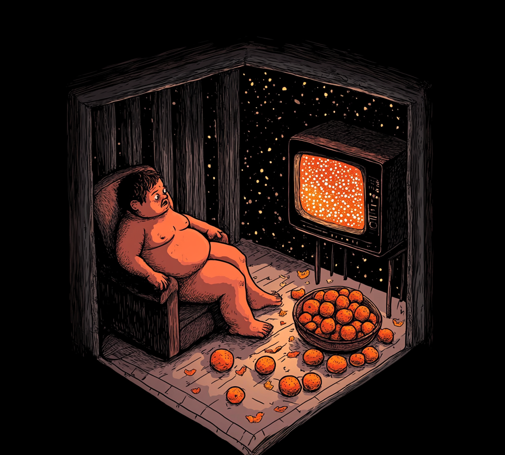 A viewer watching a glowing television surrounded by oranges